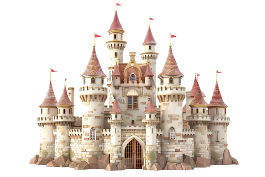 PNG of a 3D cartoon-style fairy tale castle isolated on a transparent background for fantasy or childrens story-themed visuals.