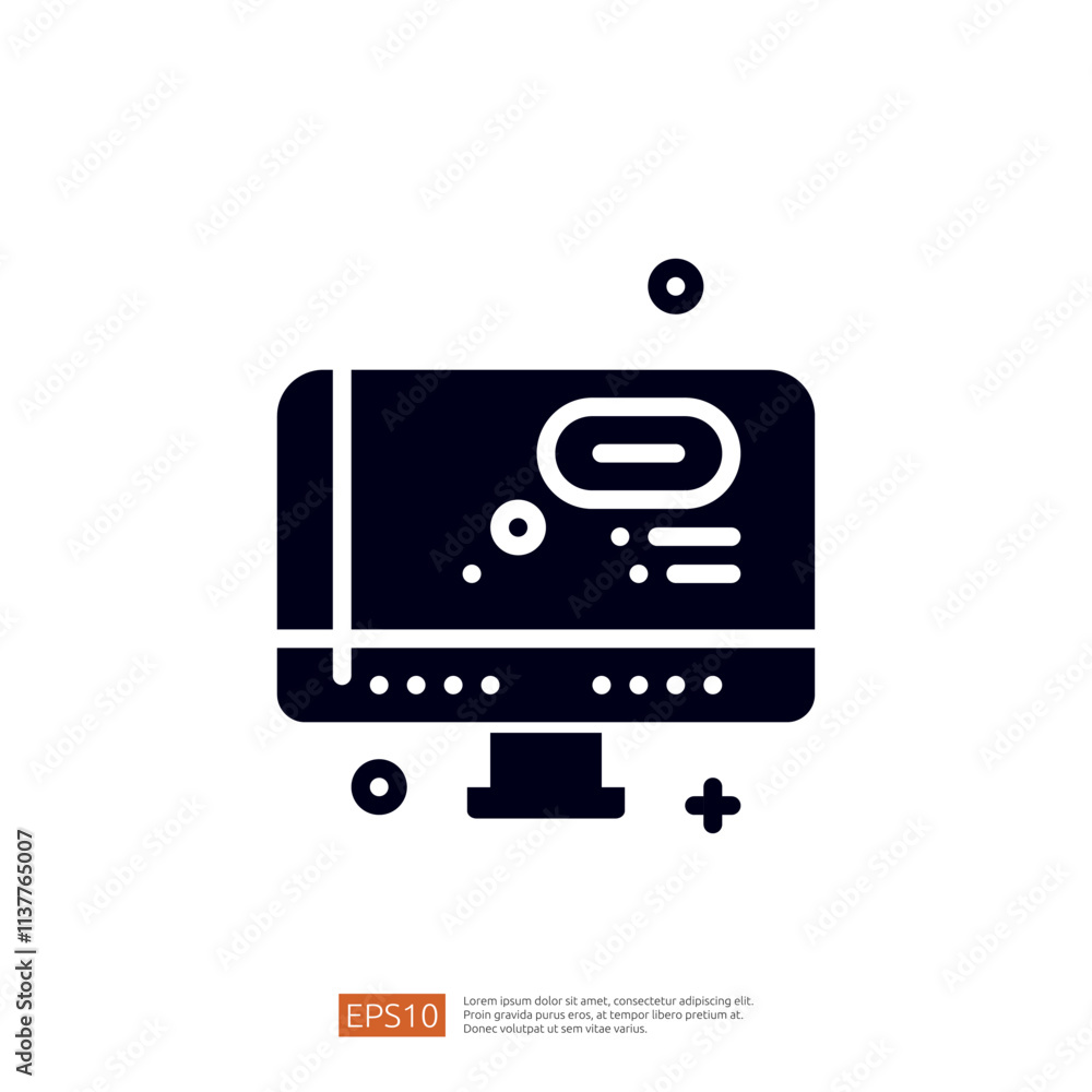 Poster a minimalist graphic representation of a computer monitor, featuring abstract shapes and lines, sugg