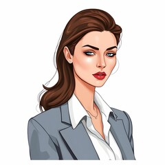 このイラストは、落ち着いた表情の女性を描いている。彼女はグレーのジャケットと白いシャツを着用し、知的でプロフェッショナルな雰囲気を漂わせている。ダークブラウンのロングヘアが片側に流れ、シンプルなネックレスがエレガントさを加えている。強い目元が自信と洗練さを感じさせる。
