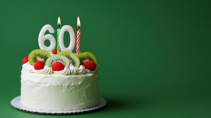 60th birthday cake with kiwi and raspberry against a green background.