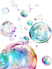Scattered transparent soap bubbles with vibrant iridescent colors ascend dynamically on a clean transparent background for design use.