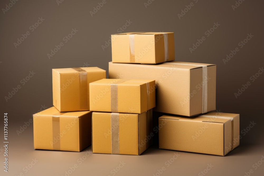 Poster multiple cardboard boxes secured with tape, stacked in a pyramid shape on a brown backdrop