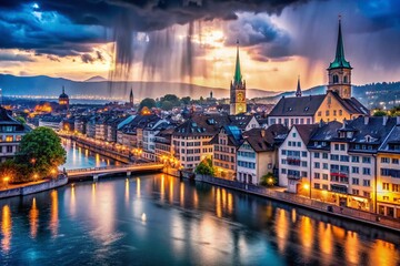 Fototapeta premium Zurich Rain Cityscape Photography, Rainy Zurich Streets, Switzerland Rain Photos, Dramatic Zurich Weather Images, Grey Zurich Sky Pictures