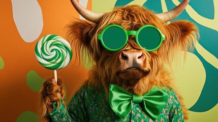 Naklejka premium Humorous hairy cow with green glasses, bow, and candy.