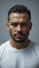Obraz premium A close-up portrait of a serious-looking man. He has dark hair, a beard, and is wearing a white t-shirt. The background is a neutral gray.