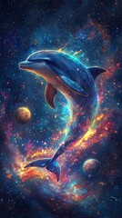 Fototapeta premium Celestial wall art of a glowing fantasy cosmic dolphin swimming through a colorful galaxy symbolizing imagination, wonder, and the beauty of the universe
