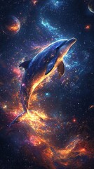 Fototapeta premium Celestial wall art of a glowing fantasy cosmic dolphin swimming through a colorful galaxy symbolizing imagination, wonder, and the beauty of the universe