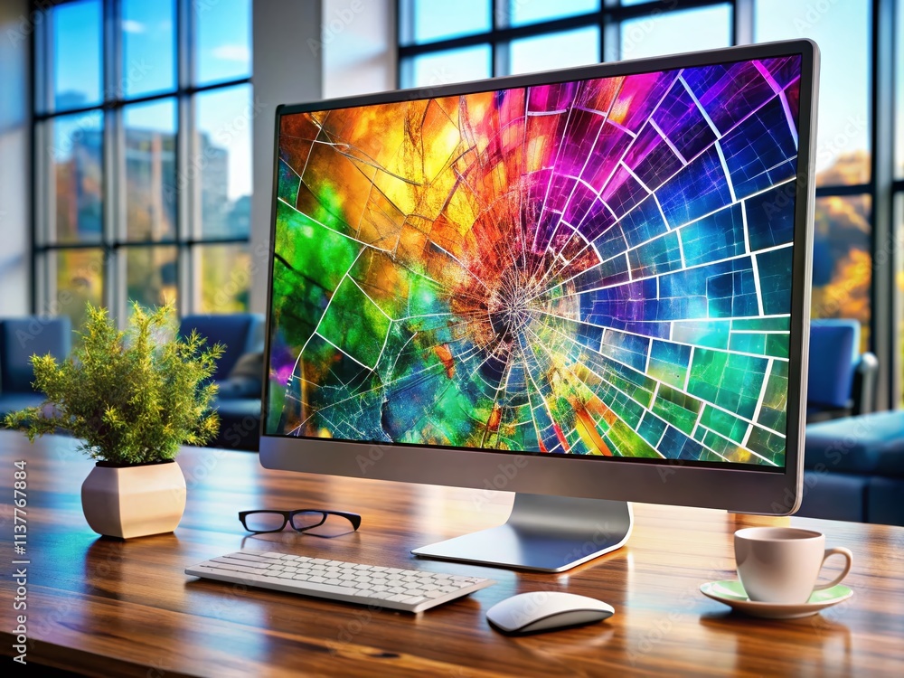 Poster panoramic view of a desktop computer with a cracked and broken screen, displaying a distorted image,