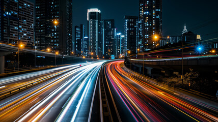 Obraz premium Streaks of moving car lights against the backdrop of city lights at night