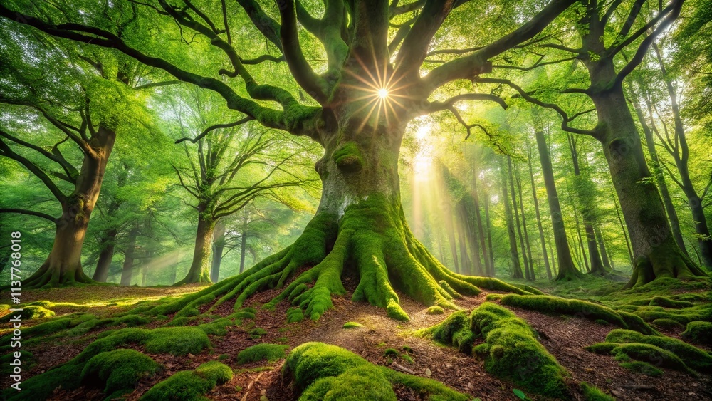 Poster panoramic view of a majestic tree covered with lush green moss in a serene forest setting, capturing
