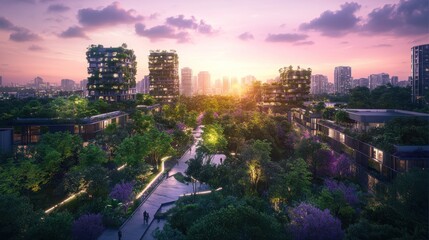 Fototapeta premium Lush, green cityscape with modern eco-friendly buildings, tranquil pathways, and vibrant natural elements at sunset.