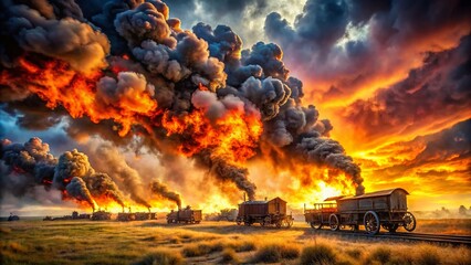 Panoramic View of Burning Wagons Surrounded by Fuel Fire and Dense Black Smoke, Capturing the Chaos and Destruction of an Intense Blaze in a Dramatic Landscape Setting