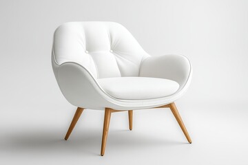 Fototapeta premium White linen fabric accent chair with wooden legs, modern armchair for home office or living room interior design, stylish and comfortable furniture piece