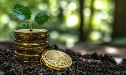 A small plant sprouts from a stack of gold coins nestled in rich soil against a blurred forest backdrop, symbolizing growth and investment in nature.