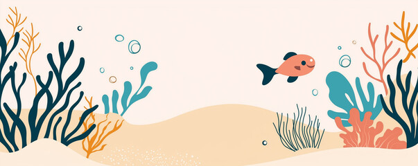 Underwater cartoon flat background with fish silhouette, sand, seaweed, coral. Ocean sea life, cute design. Vector illustration