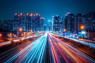 Obraz premium Streaks of moving car lights against the backdrop of city lights at night