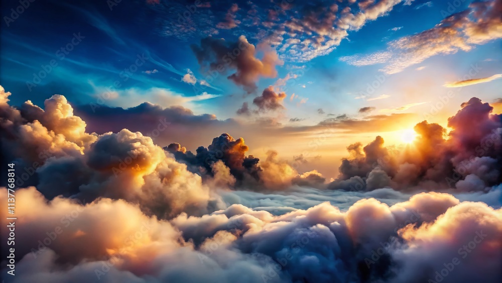 Poster panoramic view of realistic smoke and fog effects with white clouds in a sky template for abstract c