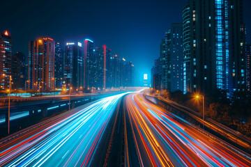 Streaks of moving car lights against the backdrop of city lights at night