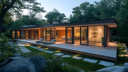 Obraz premium A modern home with a wrap-around veranda, sliding glass doors, and a minimalist garden with stone paths.