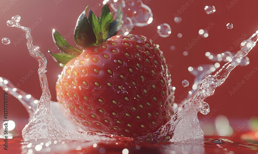 Aufkleber close-up of a fresh strawberry splashing into water, creating a vibrant, dynamic scene with water dr