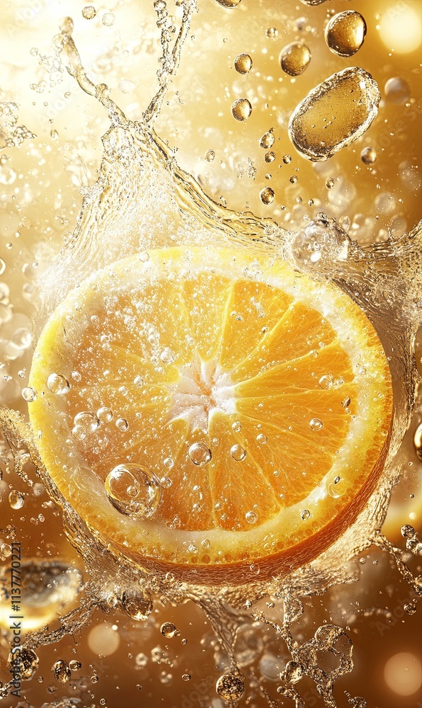 Poster close-up of a juicy orange slice submerged in sparkling water, creating dynamic splashes and bubbles