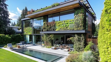 Fototapeta premium A modern family home with eco-friendly features, such as solar panels, rainwater harvesting, and a living wall. -
