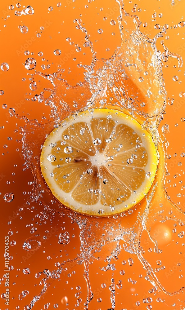 Poster close-up of a lemon half submerged in water, creating a splash with droplets against an orange backg