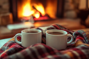 Two steaming mugs of coffee on a red and yellow plaid blanket with a fireplace in the background.