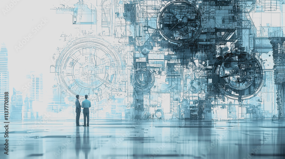 Poster two business professionals analyzing futuristic digital interface with complex engineering structure