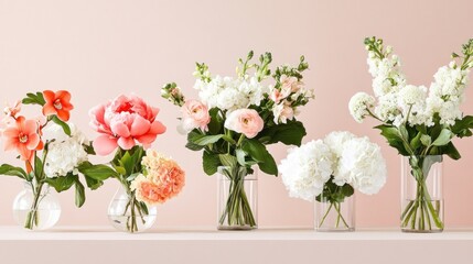 Five floral arrangements in glass vases on a shelf.