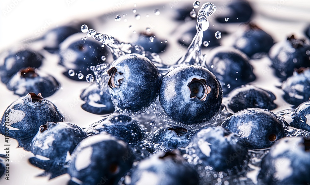 Poster close-up of fresh blueberries submerged in water, creating a dynamic splash. the image showcases the