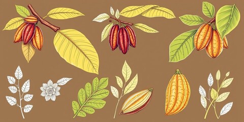 Obraz premium Vector illustration of a cocoa set in a botanical sketch style, featuring various stages of cocoa beans and leaves, art, sketch