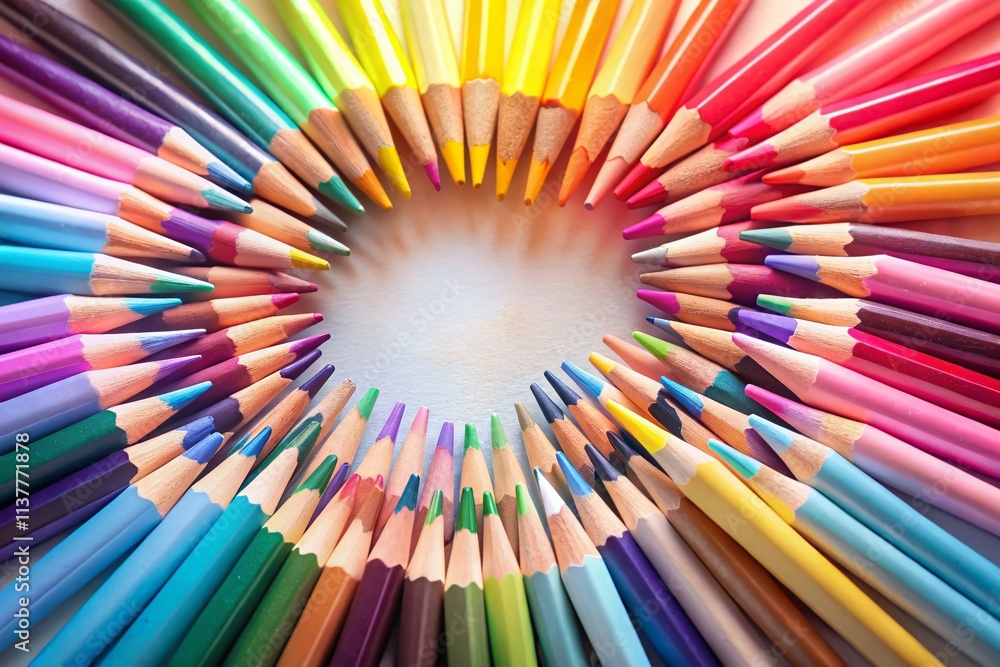 Poster pastel pencils arranged in a circle with an empty center for creative design and artistic projects