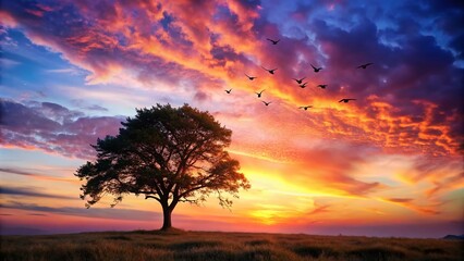 Pastel Sky Silhouette, Single Tree, Birds Flying - Landscape Photography