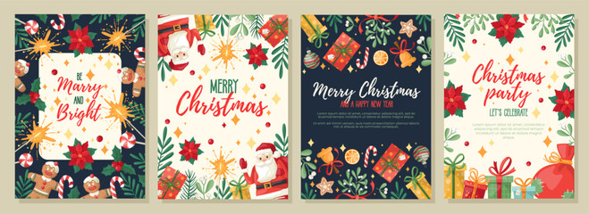 Set of Christmas and New Year greeting and invitation cards with festive symbols. Vector design template with. Hand-drawn cartoone style.