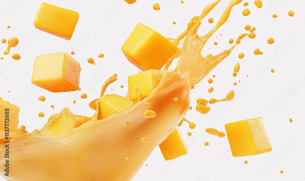 Poster cubes of juicy mango splashing into a vibrant mango juice, creating a dynamic and appetizing scene.