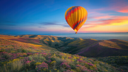 Fototapeta premium A vibrant hot air balloon floats over a picturesque mountainous landscape, adorned with wildflowers, during a stunning sunset.