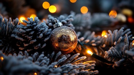 Christmas Ornament on a Snowy Pine Branch with Warm Lights