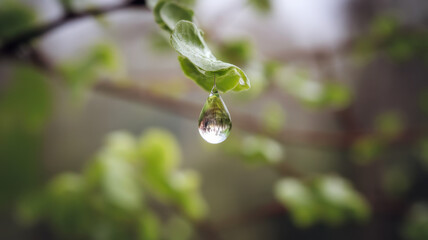 A close-up of a single leaf with a shimmering water droplet hanging from its tip, surrounded by soft green foliage, evoking a serene, tranquil mood.
