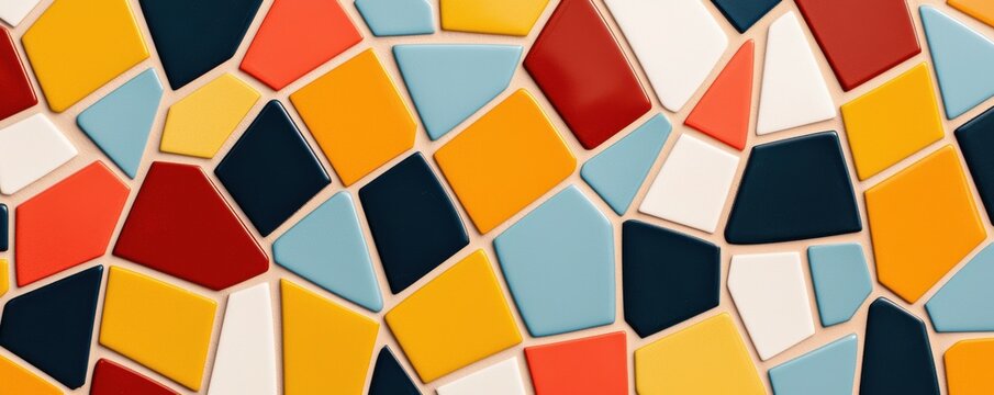 Dynamic geometric mosaic with vibrant hues symbolizing modern artistry, traditional techniques, and the beauty of colorful compositions