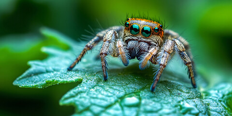 Fototapeta premium A detailed close-up of a colorful jumping spider perched on a lush green leaf.