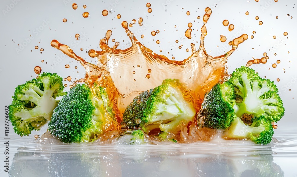 Aufkleber fresh broccoli florets submerged in a vibrant orange liquid, creating a dynamic splash.