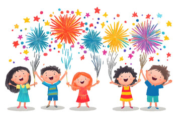 Fototapeta premium Kids watching fireworks display during celebration, white or transparent background