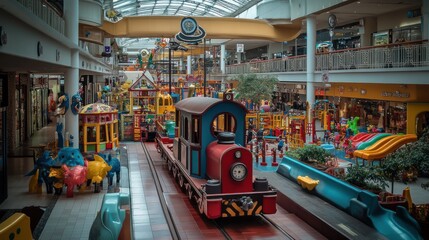 Toy train runs inside shopping mall, kid zone and play area.