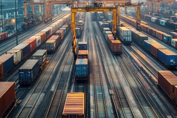 Dynamic action of freight transport on a complex web of railways busy industrial yard aerial view modern logistics urban environment