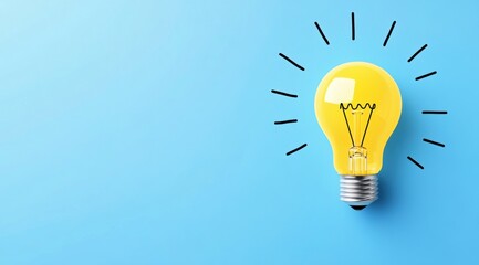 Yellow light bulb on a blue background with copy space, concept of idea and innovation isolated on a pastel background.