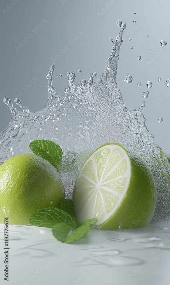 Poster fresh limes and mint leaves with splashing water, creating a vibrant and refreshing image ideal for 