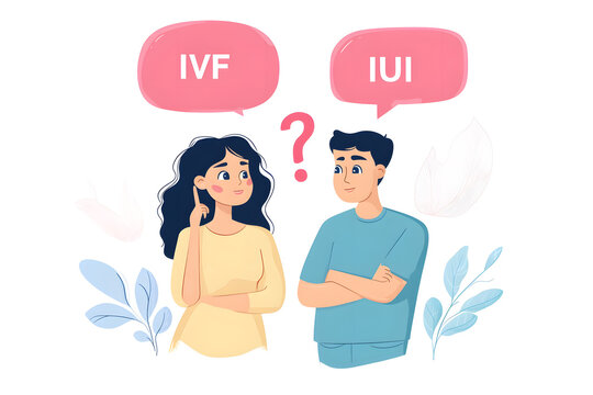 Illustration of a couple discussing IVF and IUI with question marks, symbolizing fertility treatments, reproductive health, assisted conception, family planning, and medical decisions.