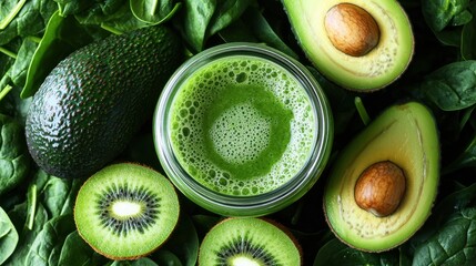 A refreshing green smoothie served in a clear glass jar, surrounded by fresh spinach, avocado, and kiwi. The vibrant colors and natural ingredients emphasize a healthy, plant-based lifestyle. 
