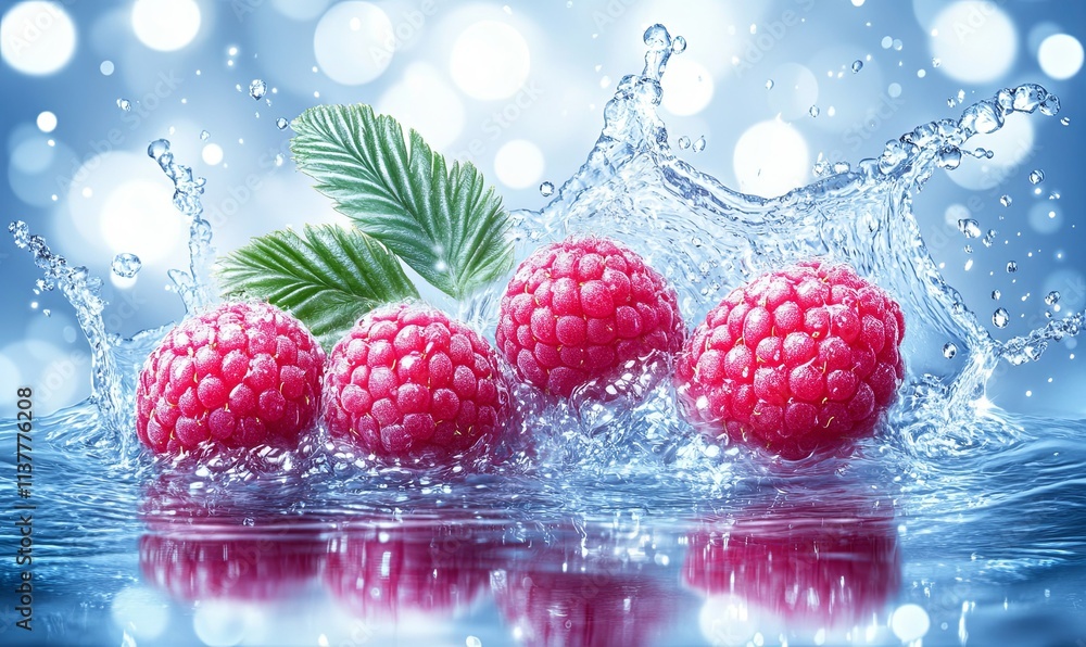 Poster fresh raspberries splashing in water, creating vibrant droplets and reflections against a bokeh back